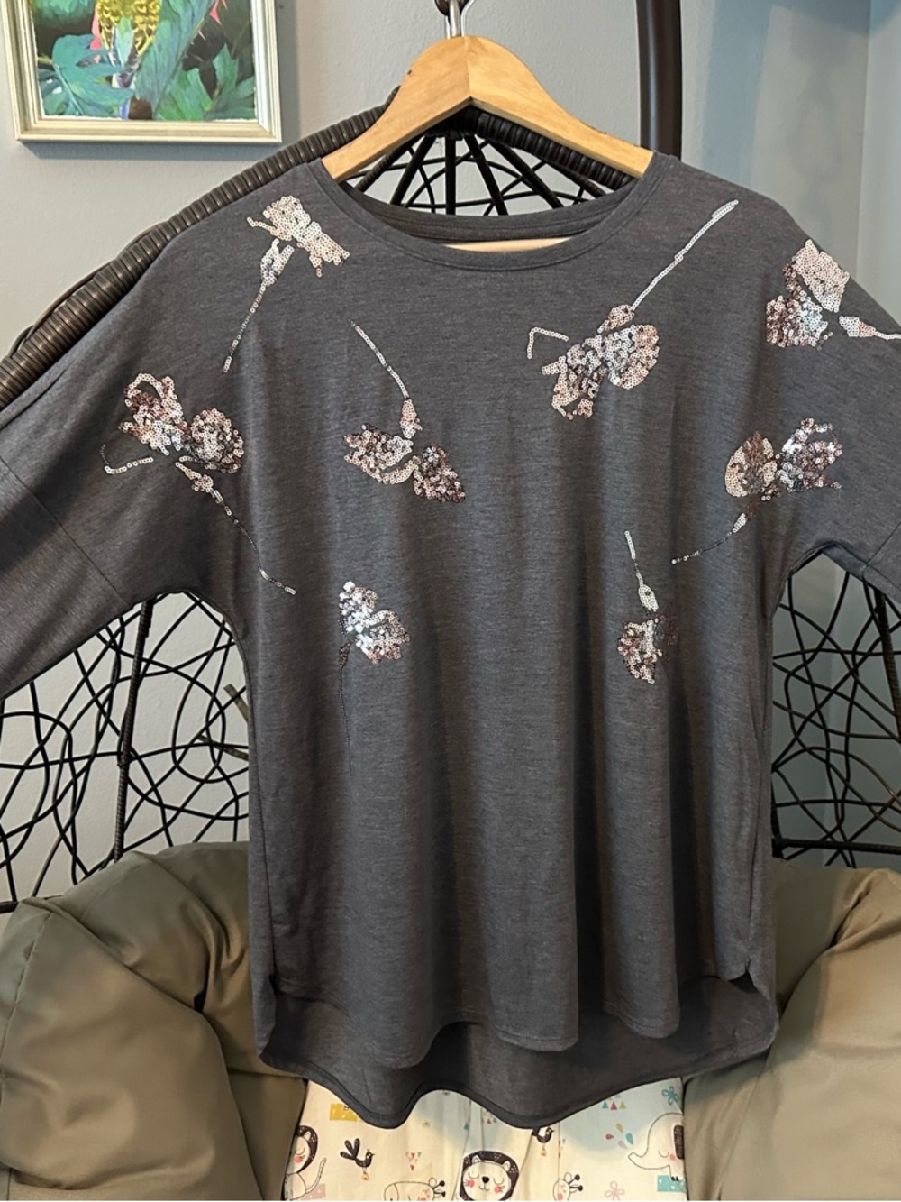 Apt. 9 Charcoal Gray Sequin Floral Pullover